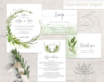 Green foliage Wedding Invitation, woodland wedding, greenery wedding, outdoor wedding invitation, online editable wedding card
