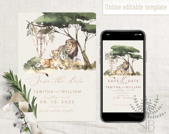 Safari bewaar de datumsjabloon met Lion couple online bewerkbare sjabloon en E-card, Savanna-set