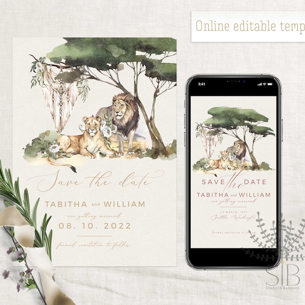 Safari save the date template with Lion couple online editable template and E-card, Savanna set