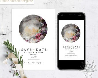 Celestial save the date, Bohemian Floral Moon save the date, Blooming moon, Editable Template