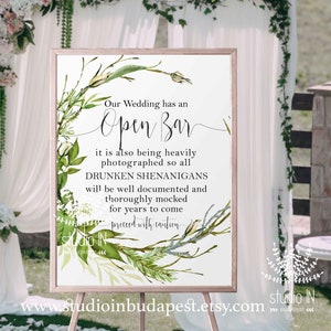 Open bar sign, Green wedding sign, botanical Wedding reception, printable wedding bar decorations, foliage open bar sign, image 1