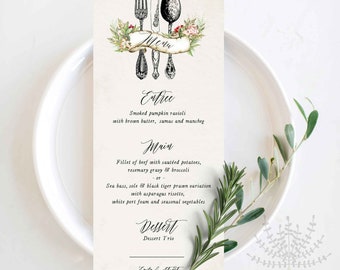 Modèle de menu de mariage, modèle de menu d'argenterie rustique, carte de menu de dîner de mariage rustique modifiable en ligne