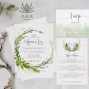 Green foliage Wedding Invitation, woodland wedding, greenery wedding, outdoor wedding invitation, online editable wedding card image 3