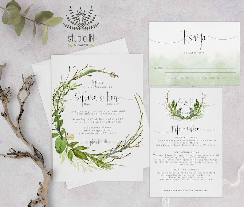 Green foliage Wedding Invitation, woodland wedding, greenery wedding, outdoor wedding invitation, online editable wedding card image 3