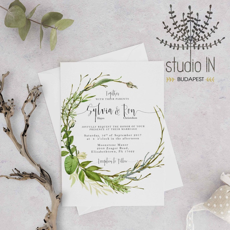 Green foliage Wedding Invitation, woodland wedding, greenery wedding, outdoor wedding invitation, online editable wedding card image 8