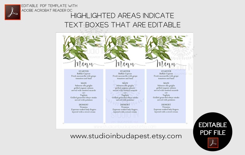 Greenery Wedding Menu template, Bohemian wedding menu card, Green wedding template, Foliage Menu template, greenery pdf menu template image 3