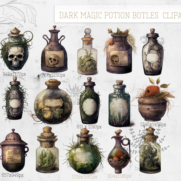 Potion bottle, witchcraft dark magic potion clipart for halloween projects