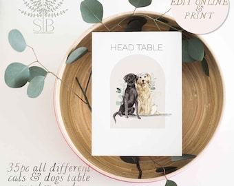 CATS & DOGS table number cards, 35pc online editable all different cats and dogs flesh card set