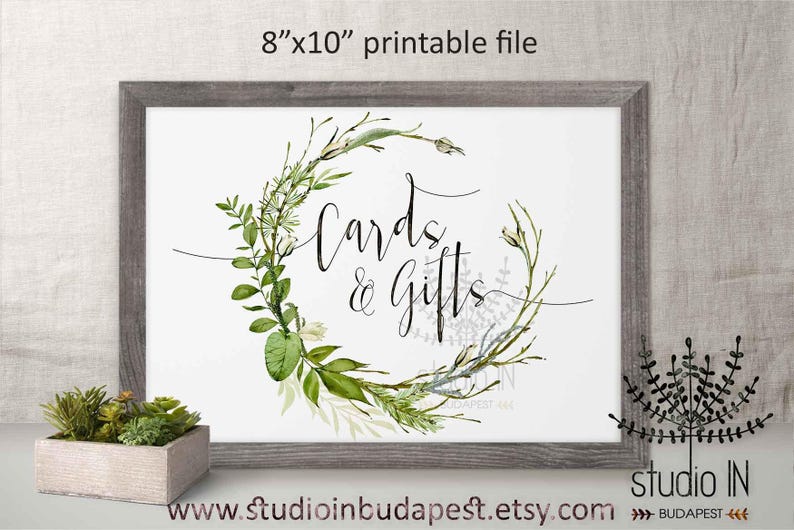 Cards and gifts wedding sign, greenery wedding sign, green rustic cards and gifts sign, foliage wedding digital PRINTABLE, image 2