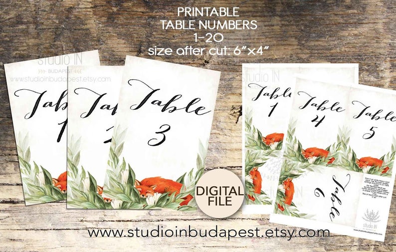 FOX Wedding Table Numbers 1-20 fox table sign forest table numbers woodland table number fox wedding theme Printable Table sign