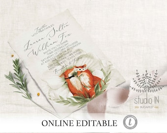 Fox wedding invitation template, Woodland invitation, Fox theme invitation, online editable fox invitation, woodland wedding template,