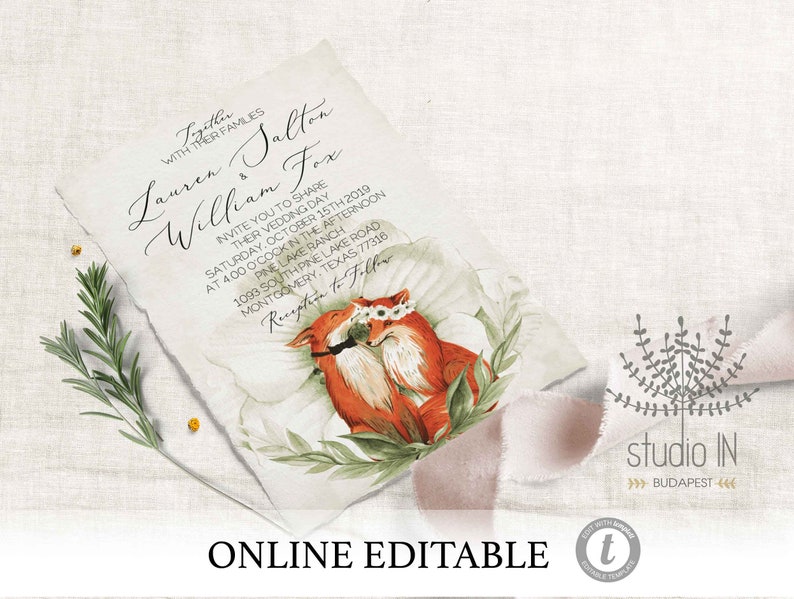 Fox wedding invitation template, Woodland invitation, Fox theme invitation, online editable fox invitation, woodland wedding template, image 3