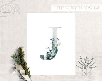 Letter J initiële of monogram met aquarel herten en dennenboom wand decor afdrukbare INSTANT DOWNLOAD