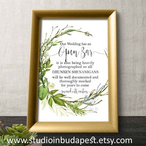 Open bar sign, Green wedding sign, botanical Wedding reception, printable wedding bar decorations, foliage open bar sign, image 4