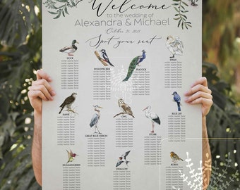 Outdoor Wedding seating chart, bird seating plan, find your seat, forest wedding, birds seating chart, animal seating chart