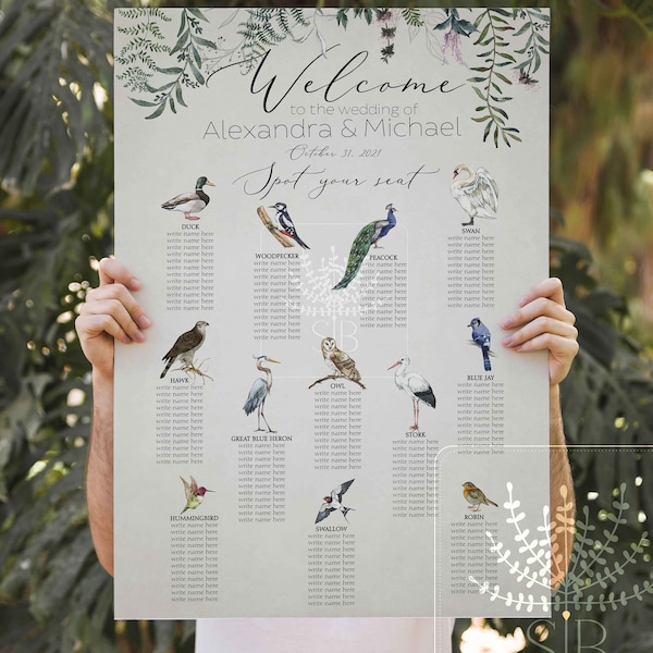 Outdoor Wedding seating chart, bird seating plan, find your seat, forest wedding, birds seating chart, animal seating chart