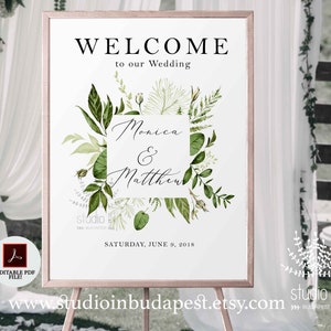 Welcome Sign, Green Wedding Welcome Sign template, greenery Wedding Sign, Reception Sign template, Foliage wedding poster, PDF template image 1