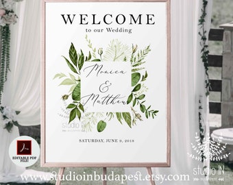 Welcome Sign, modèle de plaque de bienvenue de mariage vert, verdure signe de mariage, modèle de réception signe, affiche de mariage de feuillage, gabarit PDF