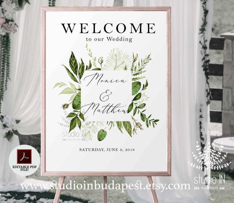 Welcome Sign, Green Wedding Welcome Sign template, greenery Wedding Sign, Reception Sign template, Foliage wedding poster, PDF template image 1