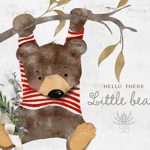 Cute bear illustration graphic watercolor clipart: hand painted teddy bear / invitation clip art / baby bear animal png with stripe shirt