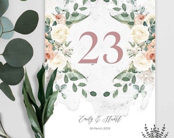 blush table number template, rose boho wedding, powder pink floral blush table sign, blush rose table number (Lizzy set)