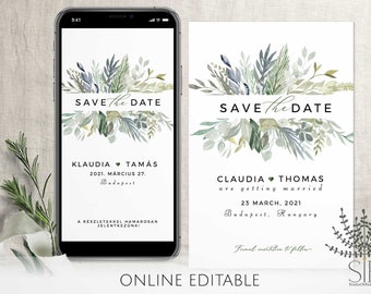 Save the date template, Mobile invitation template, Greenery Leaves Save the Date, Greenery Electronic save the date, digital save the date