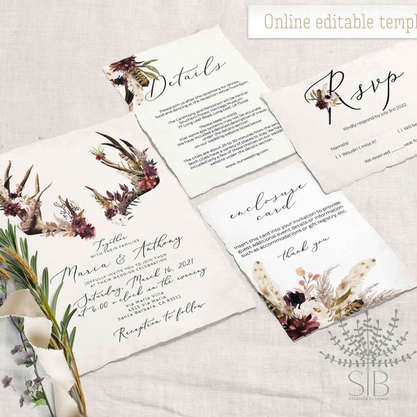 Burgundy and marsala boho fall wedding invitation set, autumn wedding invitation template, online editable bohemian fall wedding suite