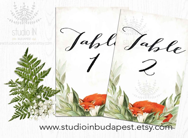 FOX Wedding Table Numbers 1-20 fox table sign forest table numbers woodland table number fox wedding theme Printable Table sign