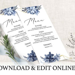 Menu card, blue wedding menu card, blue table sign, dusty blue menu, menu card template, winter wedding sign image 2