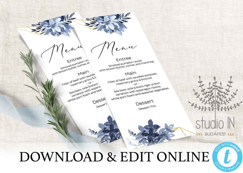 Menu card, blue wedding menu card, blue table sign, dusty blue menu, menu card template, winter wedding sign image 2