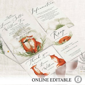 Fox wedding invitation template, Woodland invitation, Fox theme invitation, online editable fox invitation, woodland wedding template, image 1