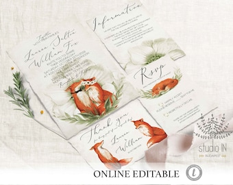 Fox wedding invitation template, Woodland invitation, Fox theme invitation, online editable fox invitation, woodland wedding template,