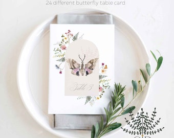 Butterfly table number cards, 24pc online editable all different table cards, butterfly flesh cards, hand painted butterfly cards