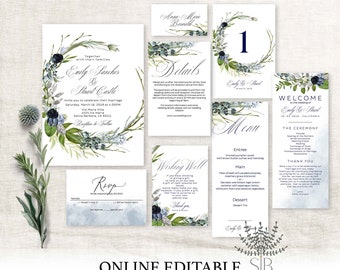 Dusty blue and grey wedding invitation set, leafy dusty blue wreath invitation, boho wedding invitation, invitation template, (Leona set)