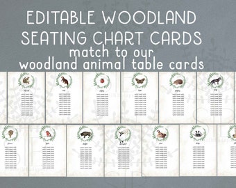 Plan de table pour animaux des bois Carte d'affectation de table boisée rustique Cartes de table pour animaux suspendues Plan de sièges boisés modifiable Mariage en forêt