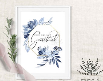 Guestbook wedding sign, blue wedding sign, blue guestbook sign, blue floral wedding, gold and blue sign, Printable wedding sign