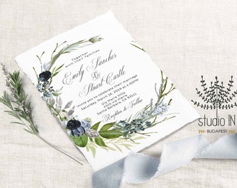 Dusty blue wedding invitation, botanical wreath invitation, dusty blue wedding, boho wedding invitation, invitation template, (Leona set)