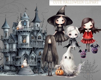 Halloween costume character kids clipart, cute Witch, Bat, Vampire, ghost, trick or treat, pumpkin transparent png file