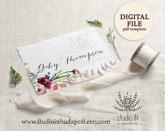 Table Place Card, winter wedding floral card template, printable escort card, Seating card, Table card template, PDF Adobe template