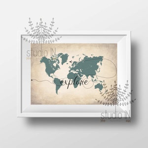 Retro style EXPLORE world map print in olive, printable world map, instant download, color world map, wall art digital