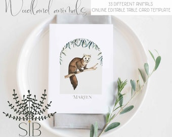 Woodland animals online editable table number card template with 33 different animals to use