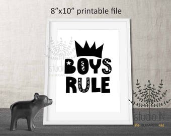 Boys Rule kids room print, nordic room decor, black & white kids room, boys room printable, minimal kids room print, scandinavian kids room