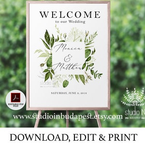 Welcome Sign, Green Wedding Welcome Sign template, greenery Wedding Sign, Reception Sign template, Foliage wedding poster, PDF template image 2