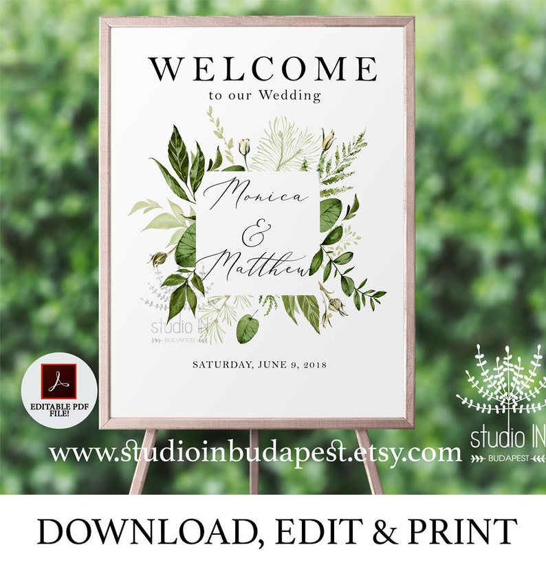 Welcome Sign, Green Wedding Welcome Sign template, greenery Wedding Sign, Reception Sign template, Foliage wedding poster, PDF template image 2