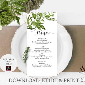 Greenery Wedding Menu template, Bohemian wedding menu card, Green wedding template, Foliage Menu template, greenery pdf menu template image 1