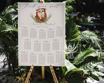 Fox couple wedding seating chart, forest wedding seating chart, fox table assignment, table chart template, fox theme wedding