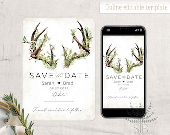 Boho woodland antler save the date template, forest save the date online editable e-card,