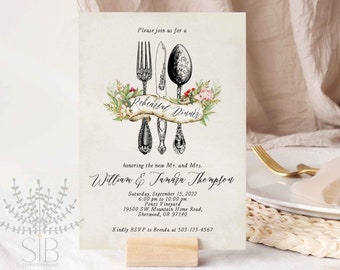 Invitation au dîner de répétition de mariage, feuillage vert avec invitation au dîner de répétition de fleurs, modèle modifiable en ligne