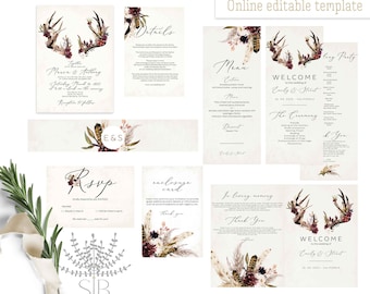 Burgundy and marsala boho fall wedding invitation set, autumn wedding invitation template, online editable bohemian fall wedding suite