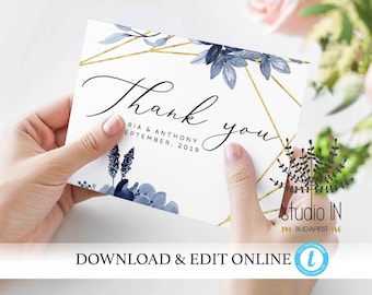 Thank you card, dusty blue wedding thank you, blue wedding card, dusty blue thank you note, thank you template, Blue wedding thank you card